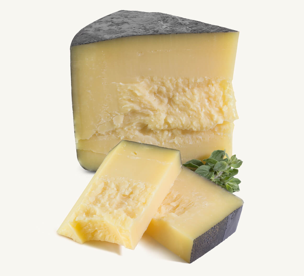 queso-reggianito Trozo de queso reggianito y cortes rectangulares del mismo queso, acompañado de ramita de orégano fresco