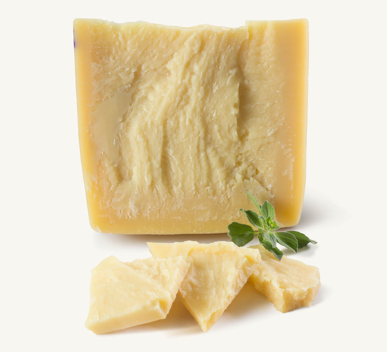 queso-sbrinz Trozo de queso sbrinz con escamas del mismo queso, acompañado de ramita de especia fresca